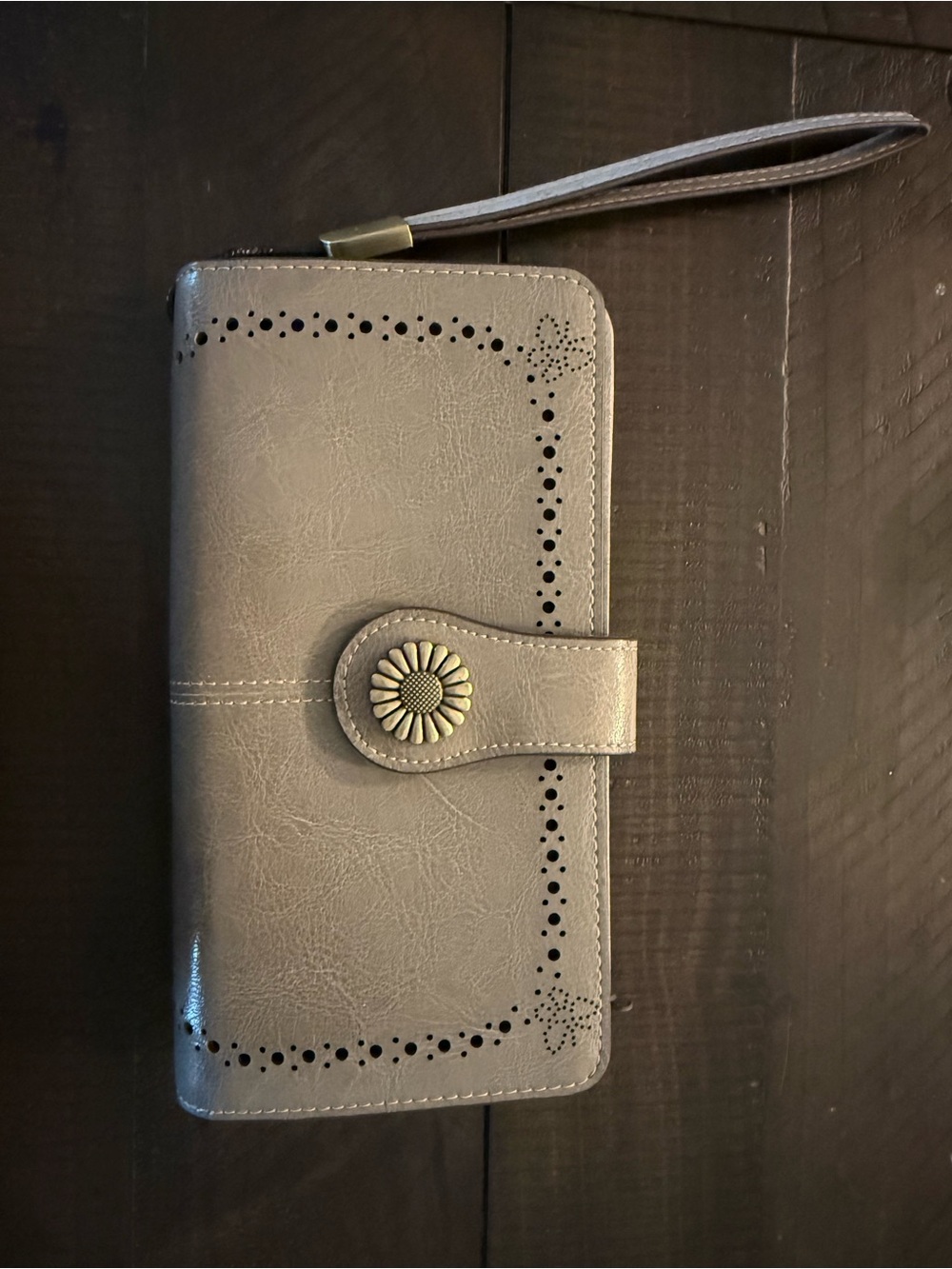 Gray Floral Accent Wallet with Wrist Strap